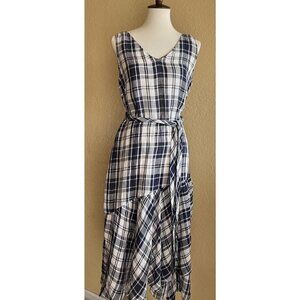 Nordstrom Signature Womens Linen Faux Wrap Plaid Belted Dress Size 8 $299